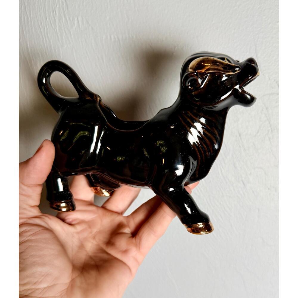 Vintage 1950s Black Bull Creamer | Gold Accents, Mid-Century Ceramic Pitcher - Picture 8 of 15